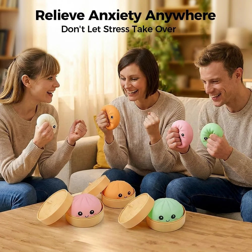 Large Dumpling Stress Ball with Steamer Colorful Squishy Bun Sensory Toy for Anxiety Relief, Squeeze Dough Ball for Adults&Kids